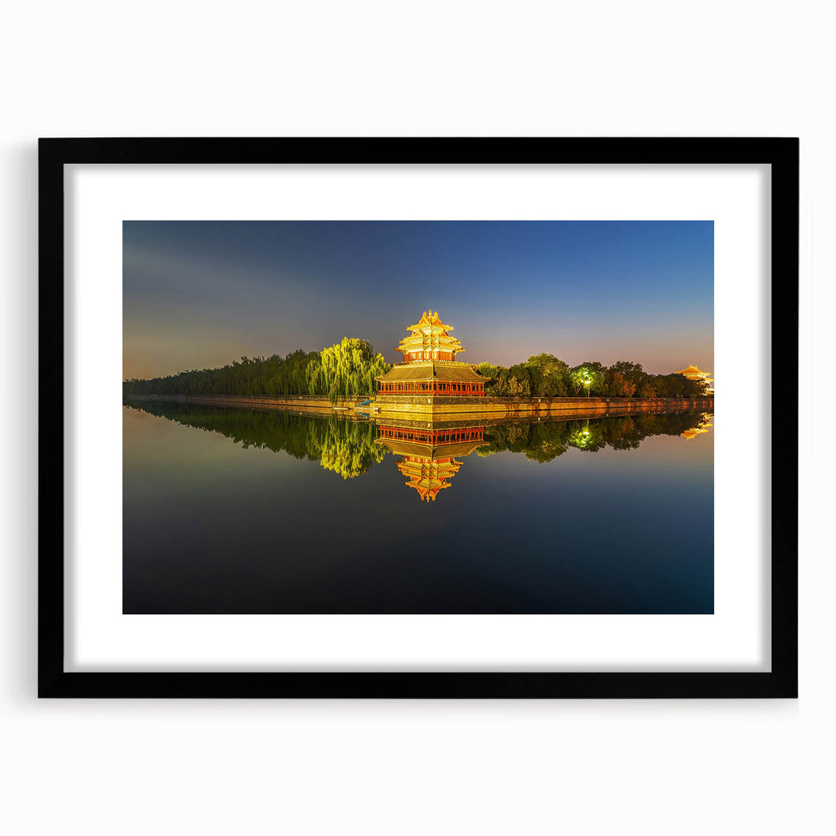 Extra large abstract art print depicting colorful, textured scenery of Beijing, on a black framed canvas.