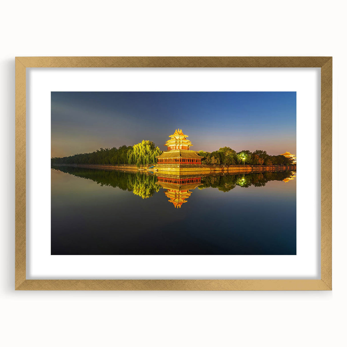 Extra large wall art of an abstract Beijing cityscape in textured gold and black tones, framed with a mat.