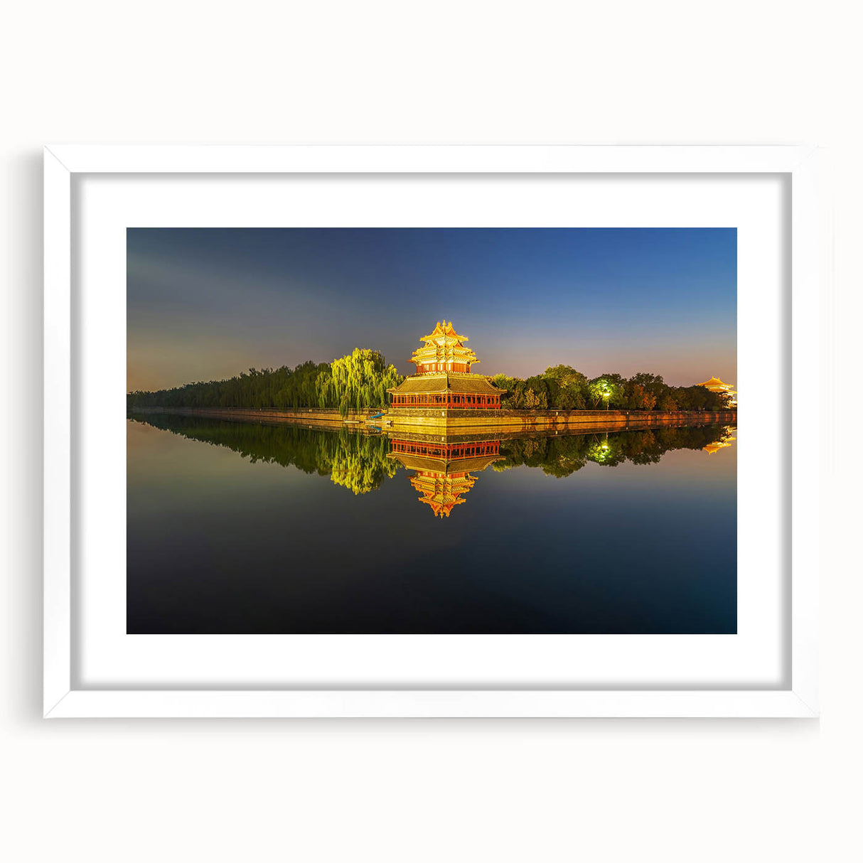 Abstract art print depicting a stylized Beijing cityscape in muted gray and blue tones, framed with a white mat.