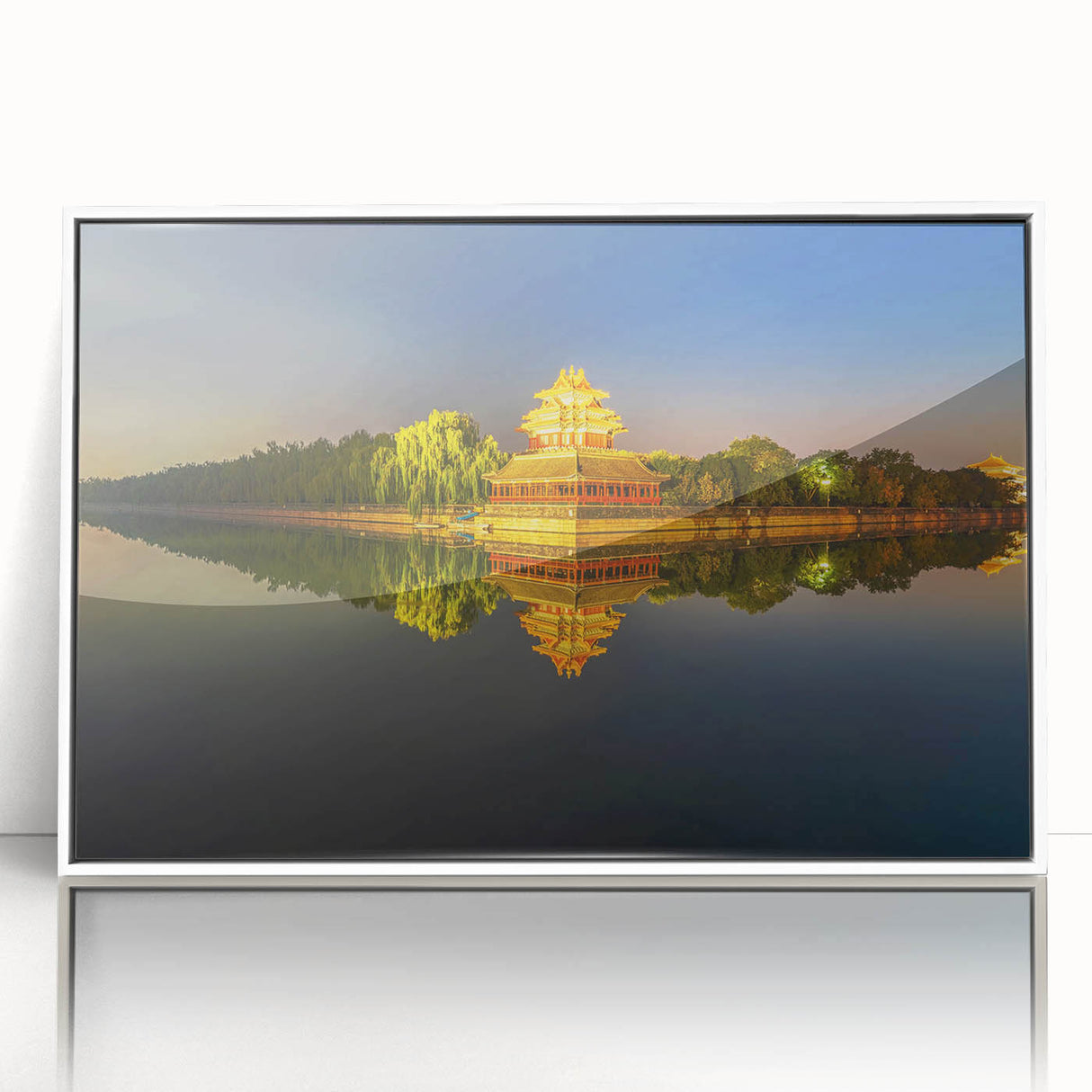 Acrylic print of Beijing scenery with muted gray and blue tones in an art deco style, ideal for modern art wall decor.