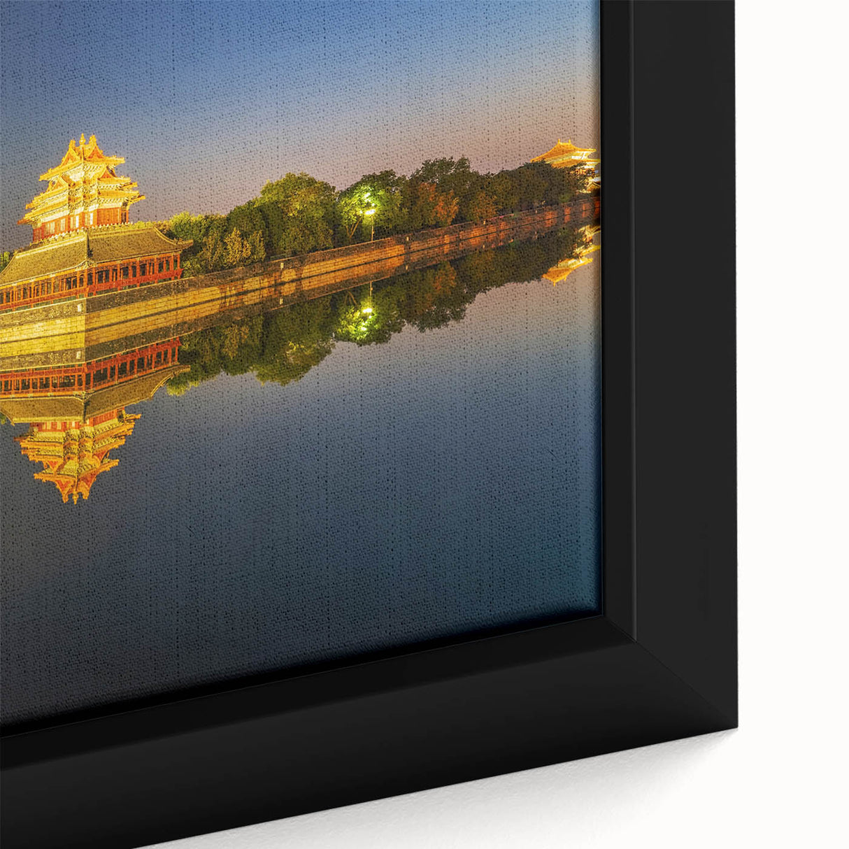 Black wall art featuring a textured close-up of Beijing scenery on a framed canvas, with colorful accents.