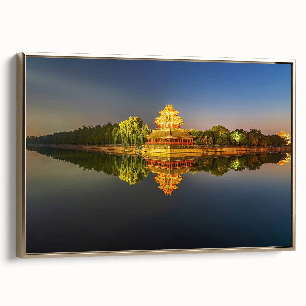 Framed canvas wall art featuring a vintage-style landscape painting of Beijing in black and gold tones.