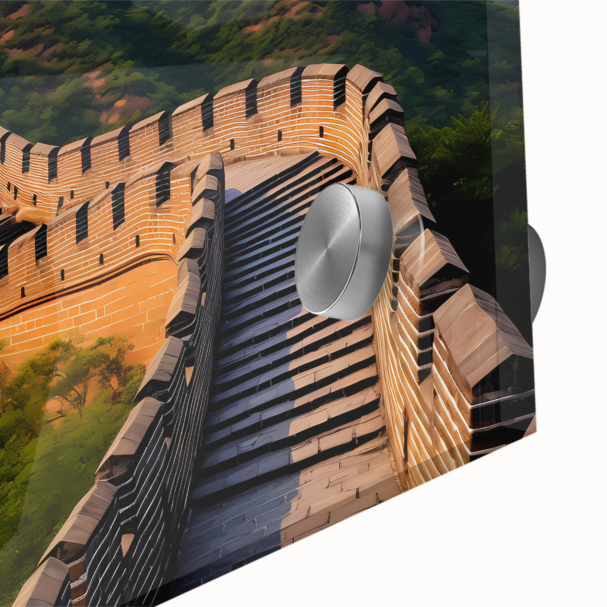 Acrylic print of the Great Wall of China in muted earth tones, ideal for dining room art with a mid-century modernist style.
