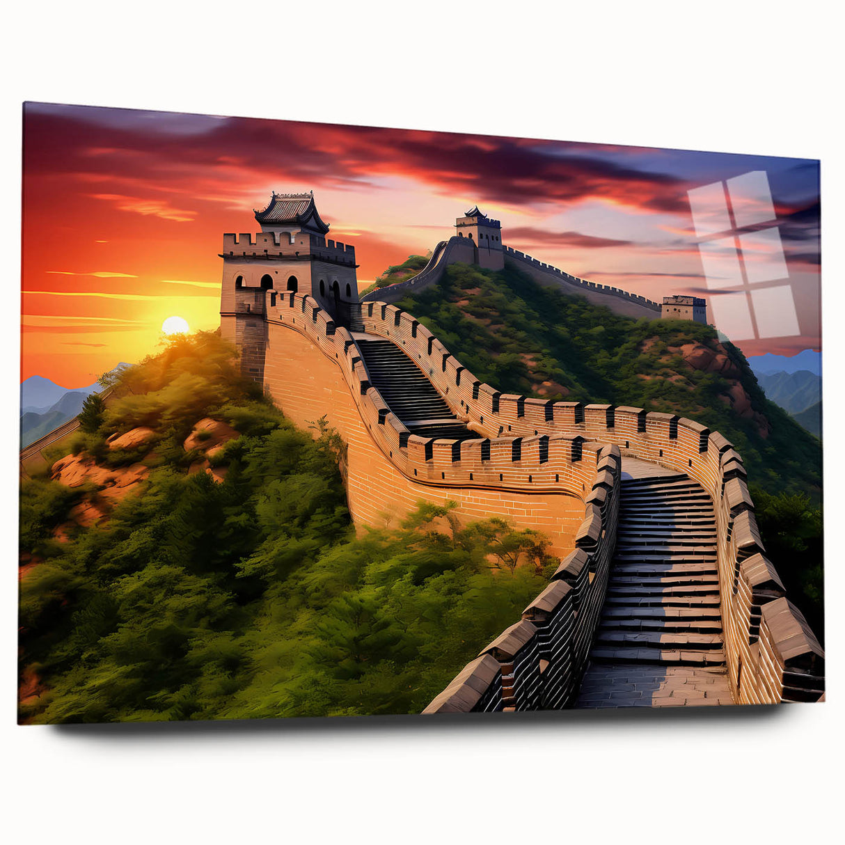 Acrylic print of the Great Wall of China in muted earth tones, ideal for bedroom or dining room art.