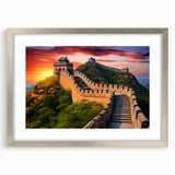 Textured art print of the Great Wall of China in muted earth tones on a framed silver mat, ideal for bedroom art.