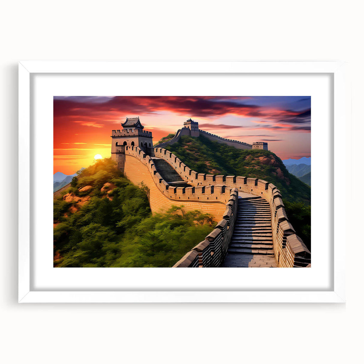 Abstract art print of the Great Wall of China in muted earth tones on a framed white mat, ideal for dining room decor.