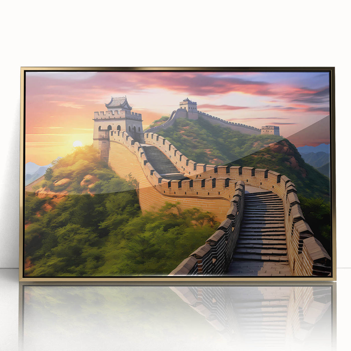 Acrylic print of the Great Wall of China in muted earth tones, framed in gold, suitable for modern art wall decor.