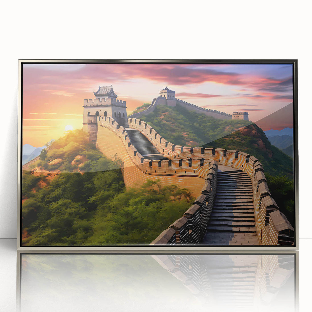 Mid-century modernist art depicting the Great Wall of China in muted earth tones on a framed acrylic print.