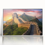 Acrylic print of the Great Wall of China in muted earth tones, framed in white, suitable for modern art wall decor.
