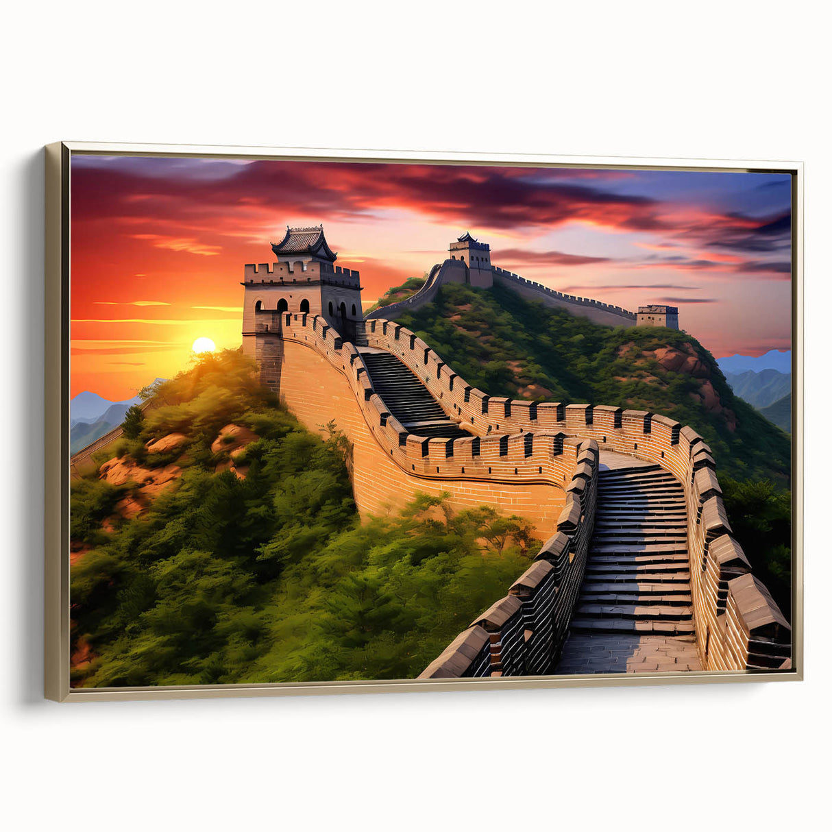 Framed canvas of the Great Wall of China in muted gold and black, ideal for bedroom wall art.