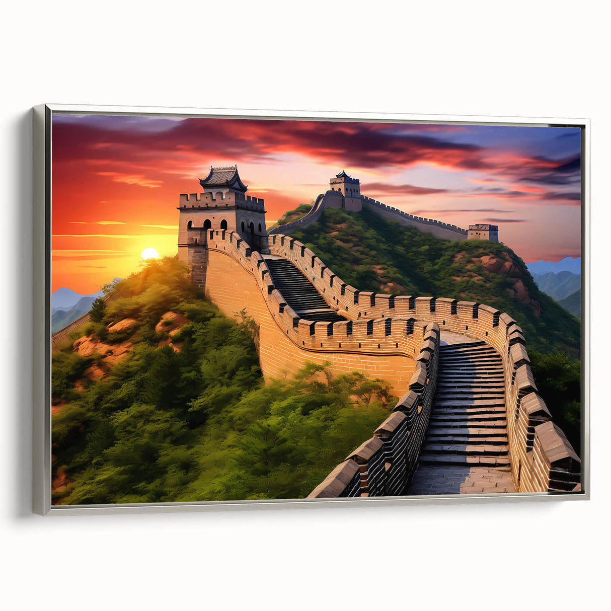 Framed canvas featuring a landscape art painting of the Great Wall of China in muted earth tones.