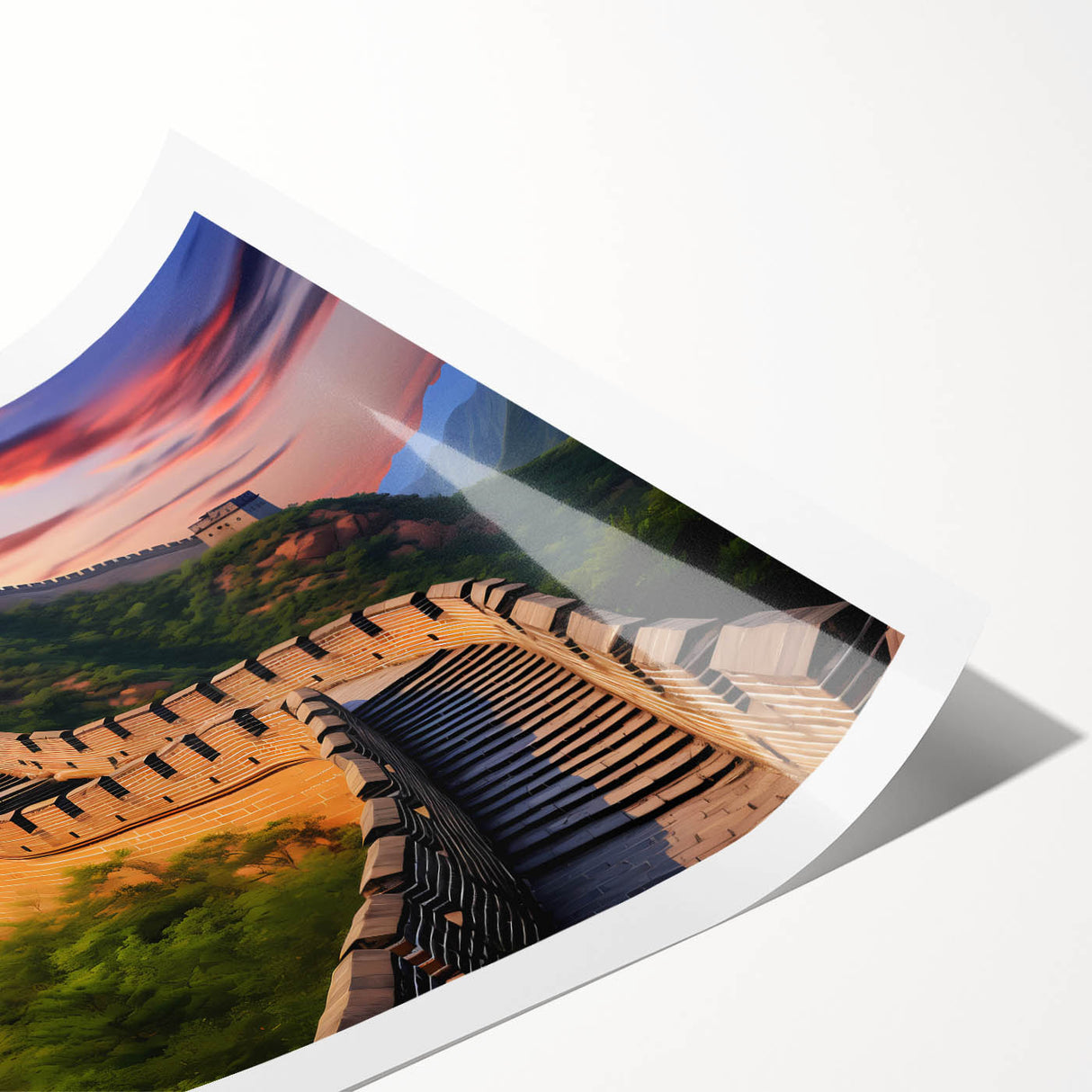 Extra large rolled print featuring a detailed line art of flowers, set against the Great Wall of China.