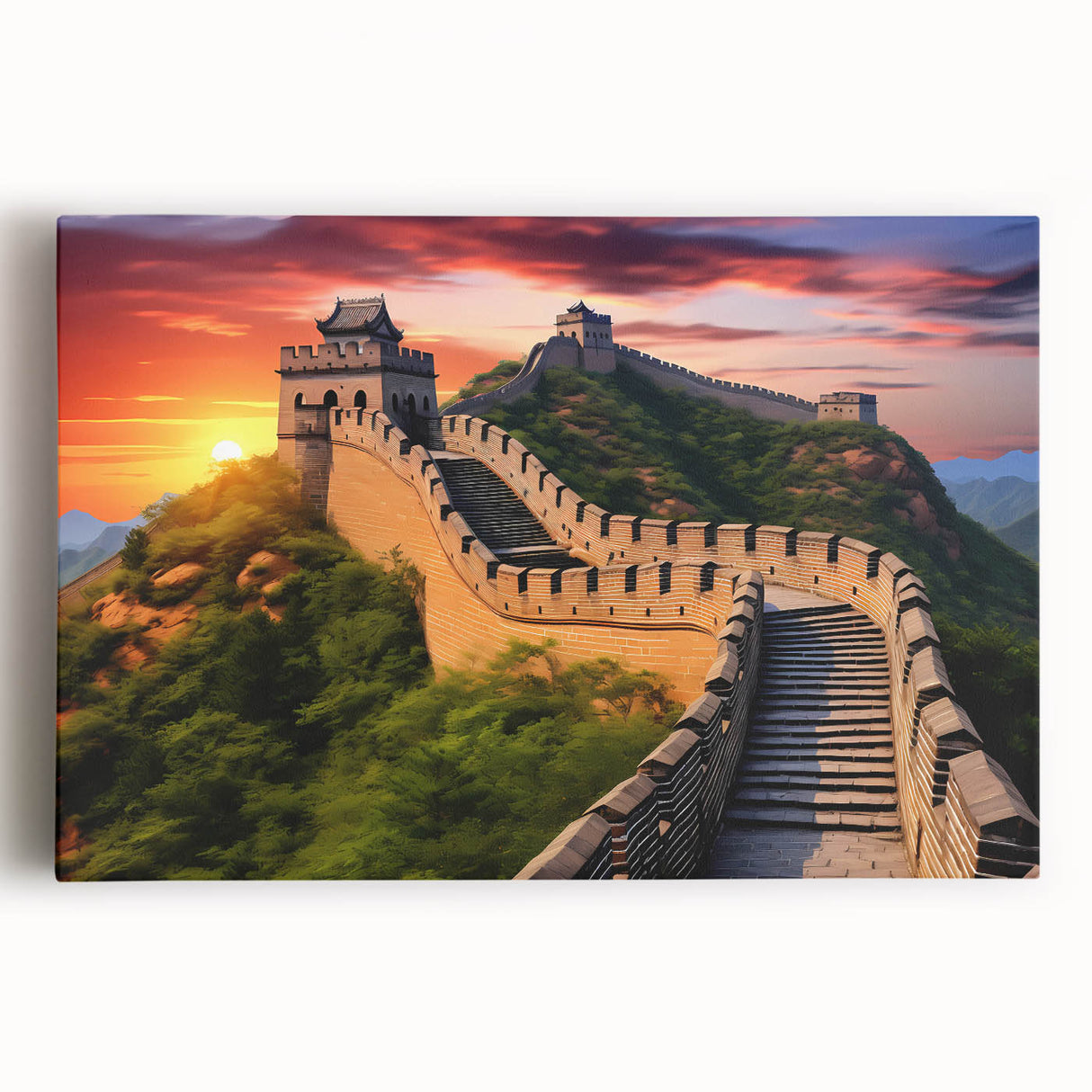 Black and white stretched canvas featuring the Great Wall of China, suitable as large kitchen art.