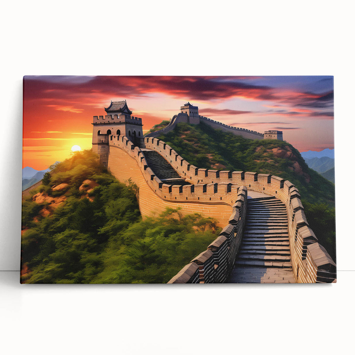 Black and white photograph of the Great Wall of China on stretched canvas, ideal for kitchen wall art or bedroom.