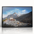 Large abstract wall art depicting a Tibetan landscape in muted earth tones on a framed acrylic.