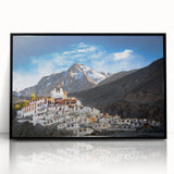 Large abstract wall art depicting a Tibetan landscape in muted earth tones on a framed acrylic.