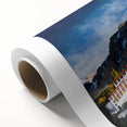 Art Deco style poster of Tibet landscape in muted blue and green hues on rolled canvas, ideal for nursery wall art.