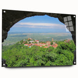 Large abstract wall art of a Georgia landscape in muted earth tones on acrylic glass, ideal for bedroom or dining room decor.