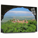 Large abstract acrylic print featuring a serene Georgia landscape in soft earth tones.