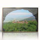Large art print of a Georgia, Asia scenery in mid-century modernist style, framed in gold acrylic.