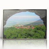 Mid-century modernist art of an Asian landscape in muted earth tones, silver-framed acrylic, ideal for nursery wall art.