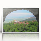 Art deco poster of Georgian scenery in muted pastel colors on a white framed acrylic, ideal for nursery wall art.