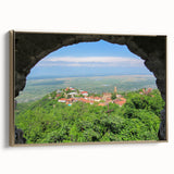 Framed canvas wall art depicting a vintage-style landscape with muted gold and black tones, suitable for bedroom decor.