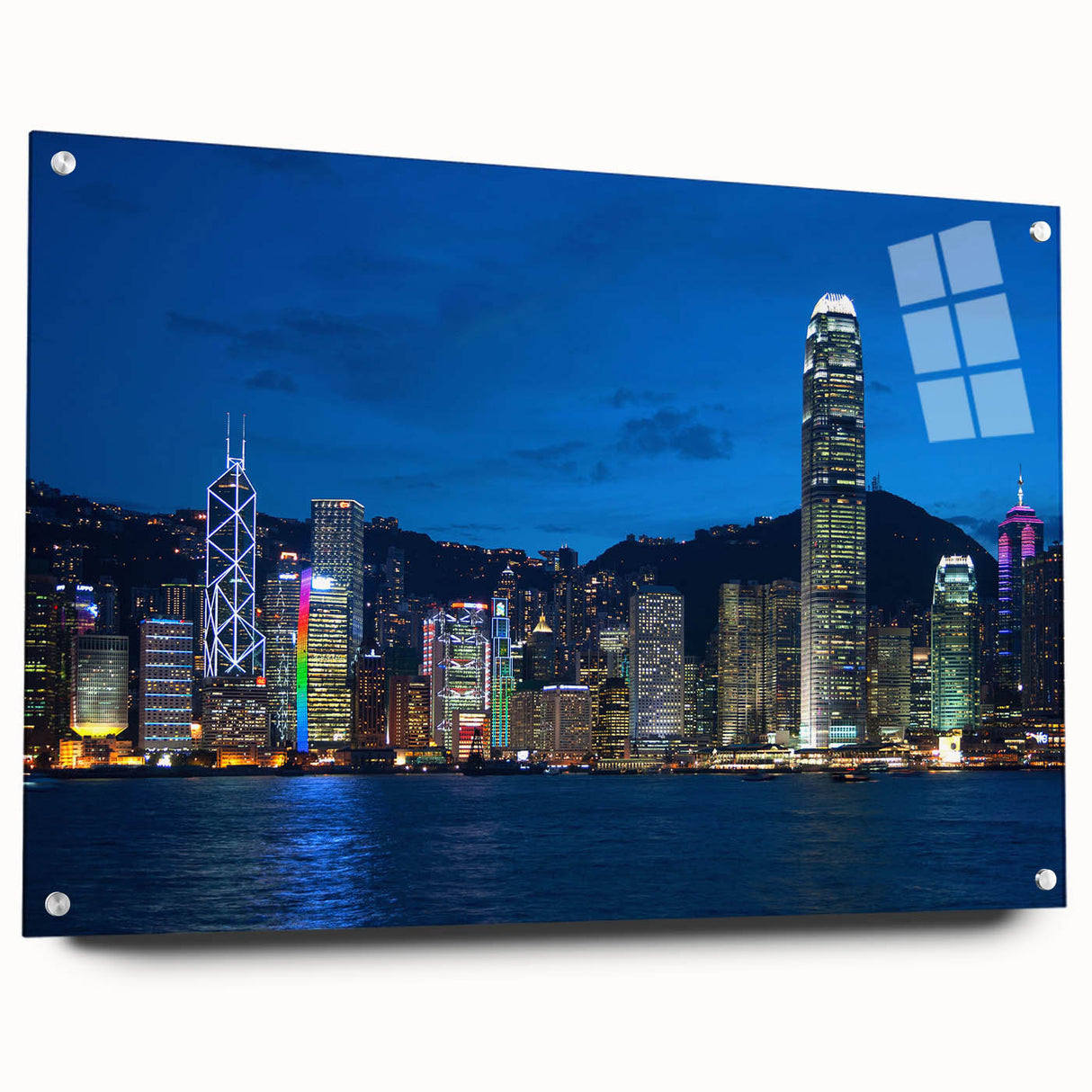 Acrylic print of a large abstract depiction of Hong Kong in muted gray and blue tones.