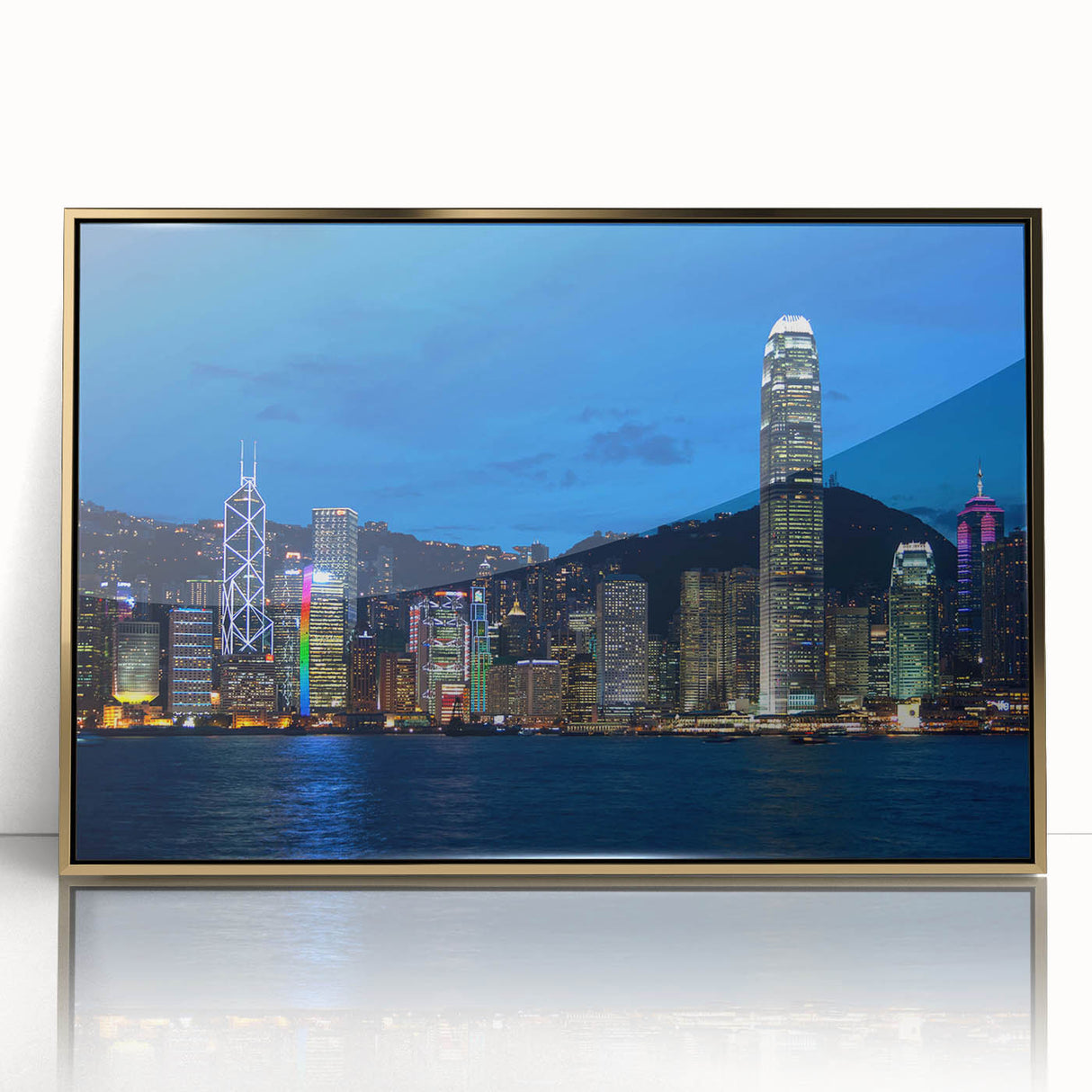 Mid-century modernist art of Hong Kong skyline in gold and black tones, acrylic framed print.