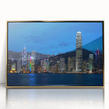 Mid-century modernist art of Hong Kong skyline in gold and black tones, acrylic framed print.
