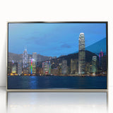 Mid-century modernist art depicting Hong Kong skyline in muted silver tones on a framed acrylic.