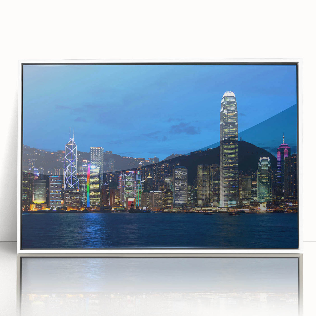 Framed acrylic print of Hong Kong skyline in art deco style with muted color tones, ideal for modern art wall decor.