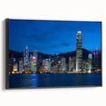 Framed canvas of black and white Hong Kong landscape, ideal for bedroom wall art.