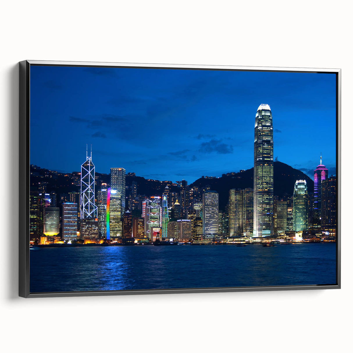Framed canvas of black and white Hong Kong landscape, ideal for bedroom wall art.