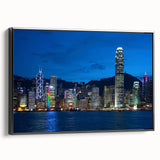 Framed canvas of black and white Hong Kong landscape, ideal for bedroom wall art.