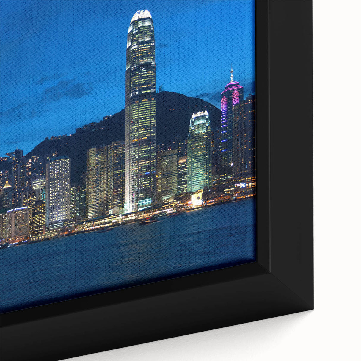 Extra large framed canvas featuring a textured depiction of Hong Kong scenery in black with colorful accents.