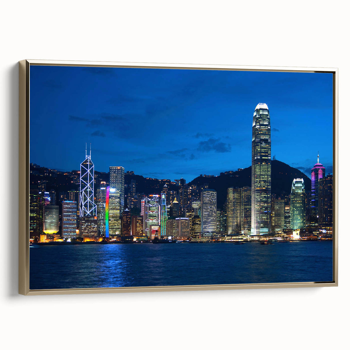 Framed canvas wall art featuring a vintage-style Hong Kong landscape in black and gold tones, ideal for bedroom decor.
