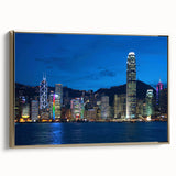 Framed canvas wall art featuring a vintage-style Hong Kong landscape in black and gold tones, ideal for bedroom decor.