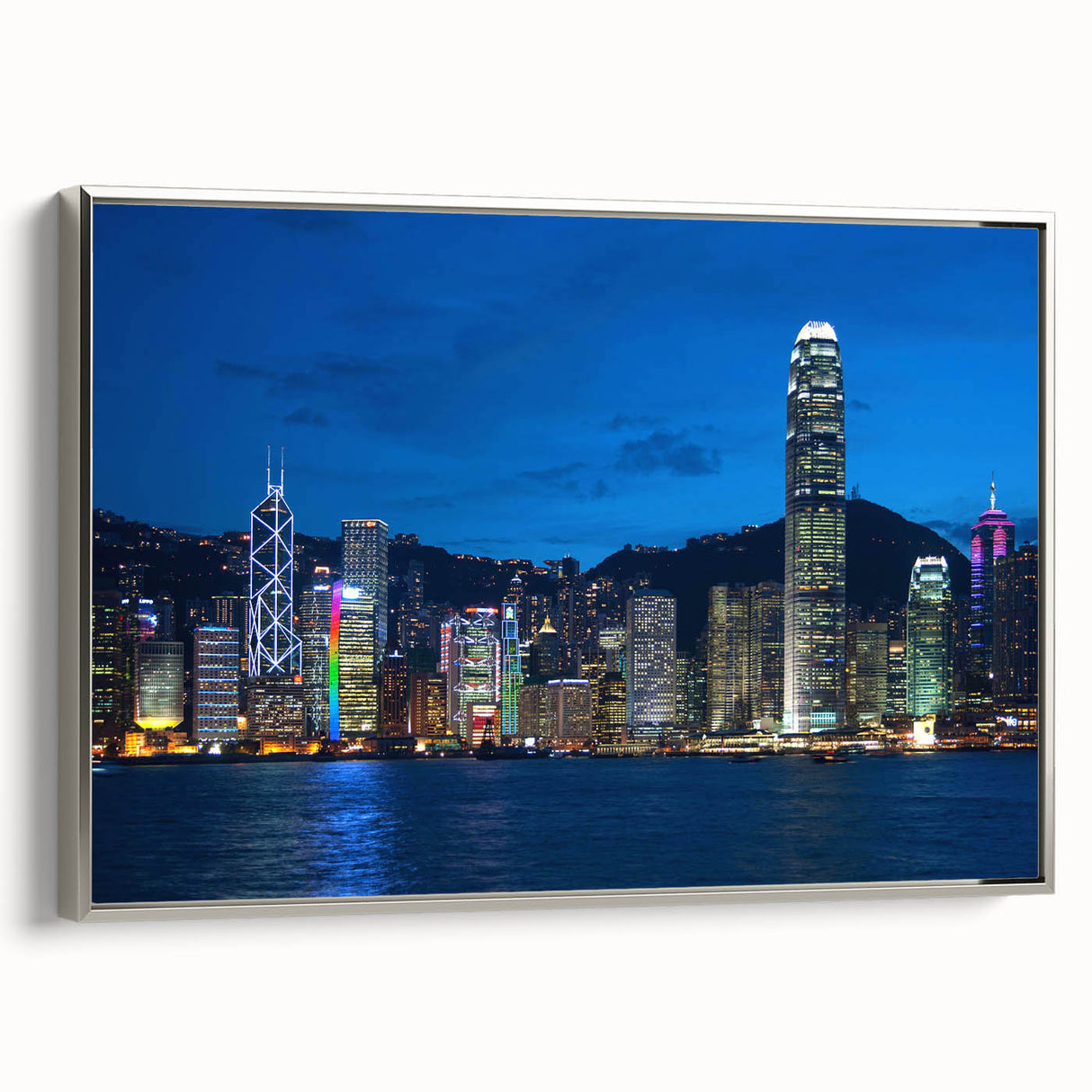 Framed canvas featuring a vintage-style Hong Kong landscape art painting in vibrant colors, ideal for living room decor.