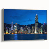 Framed canvas featuring a vintage-style Hong Kong landscape art painting in vibrant colors, ideal for living room decor.