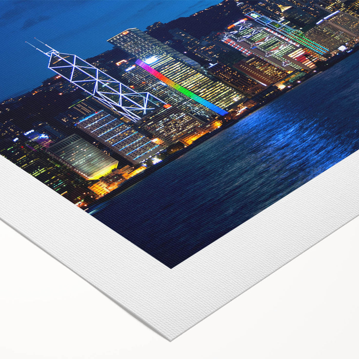 Art deco poster of Hong Kong skyline in muted gray, ideal for dining room wall art, on rolled canvas.
