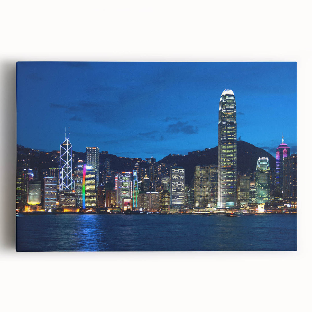Hong Kong cityscape in black and white on stretched canvas, ideal for kitchen wall art.