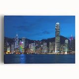 Hong Kong cityscape in black and white on stretched canvas, ideal for kitchen wall art.