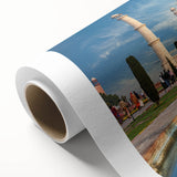 Art deco poster of Indian scenery in muted earth tones on rolled canvas.