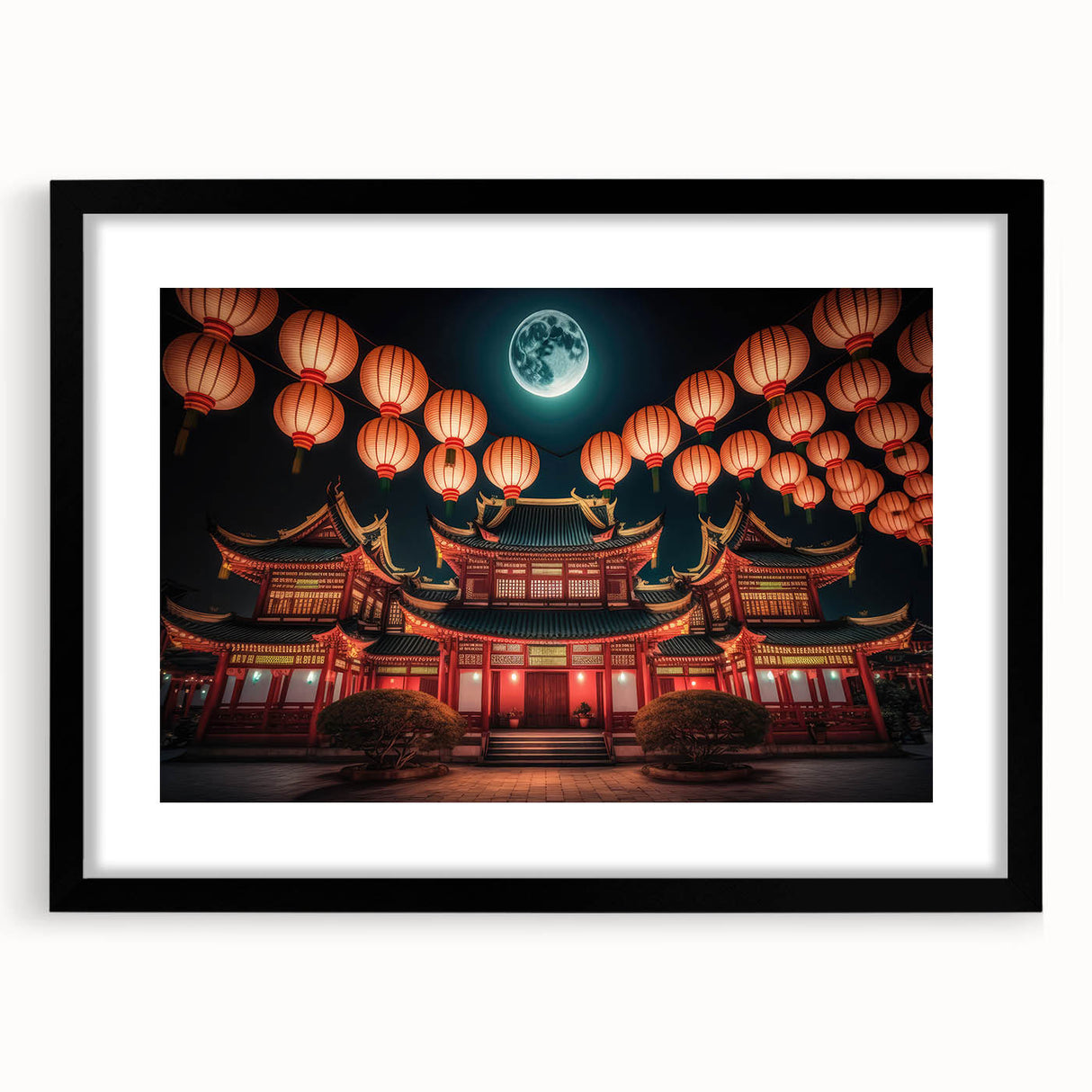 Colorful abstract art print of a stylized Kyoto scenery in vibrant hues on a large framed canvas.