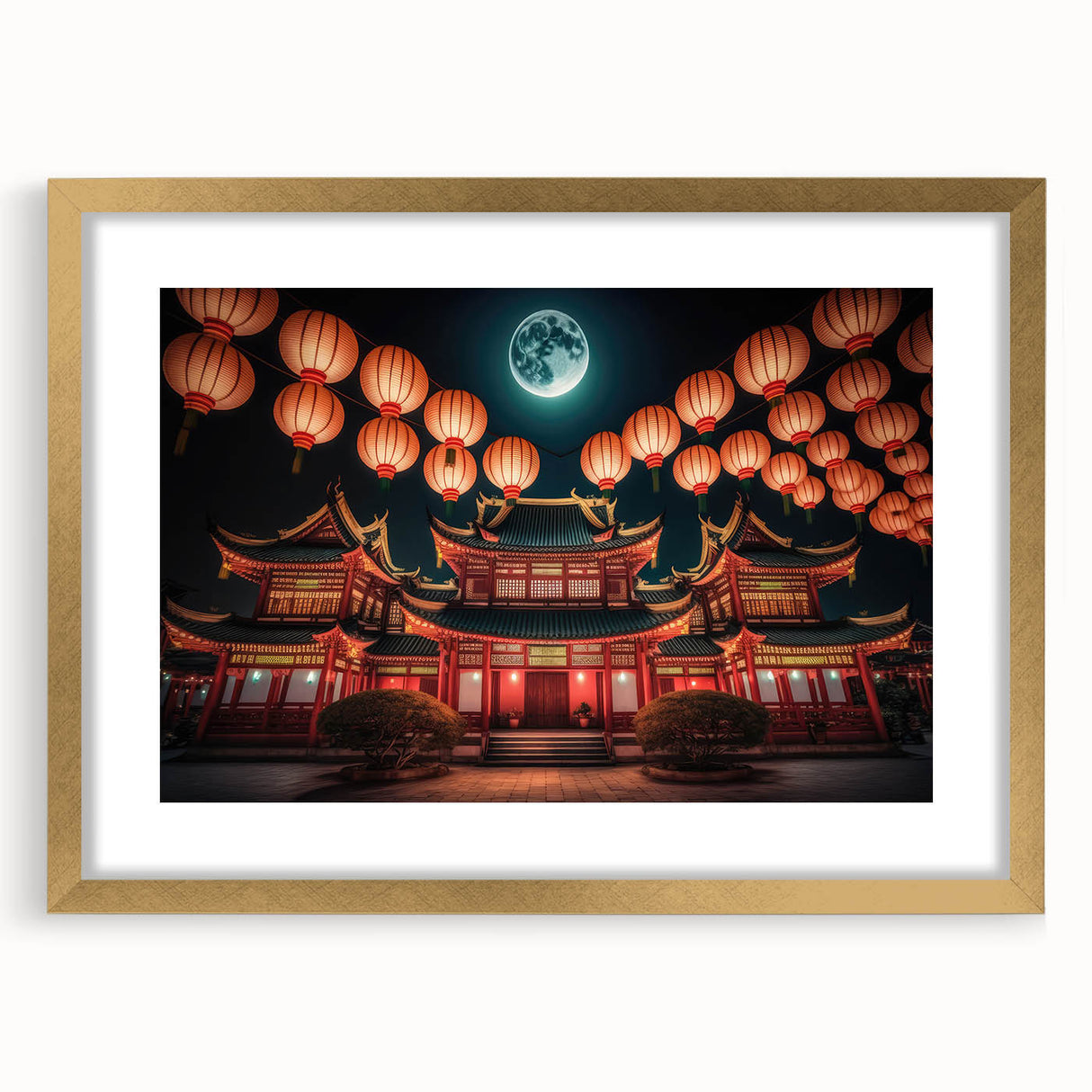 Extra large wall art depicting an abstract Kyoto scenery in textured hues of gold and green, framed with a mat.