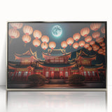 Mid-century modernist art depicting a serene Kyoto landscape on a silver-framed acrylic print, suitable for nursery wall art.