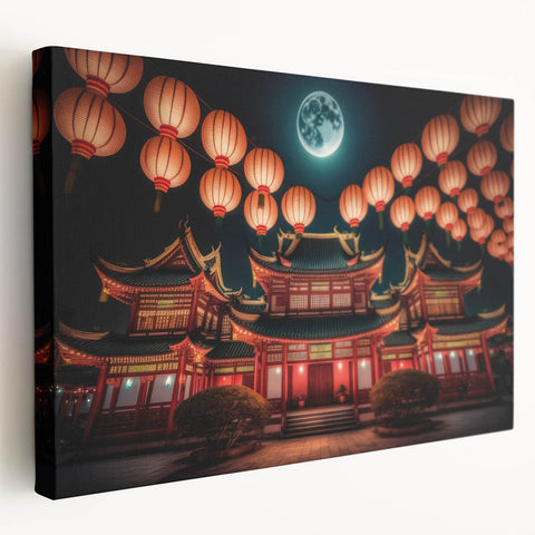 Kyoto scenery on large stretched canvas featuring serene green and brown tones, suitable for kitchen wall art.