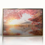 Mid-century modernist Japanese scenery in gold and green tones on a framed acrylic, ideal for modern art wall decor.