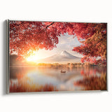 Landscape art painting of a Japanese scenery on framed canvas, featuring vibrant colors with silver frame.